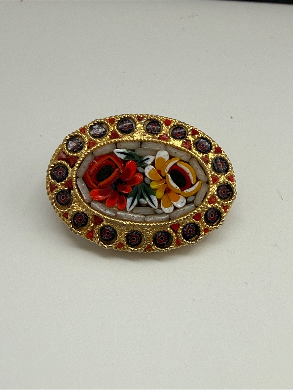 Vintage Gold-Tone Floral Micro Mosaic Brooch - Red & Yellow